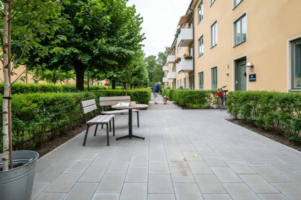 plattl ggning av innerg rd och sittplatser vid brf i rimbo norrt lje